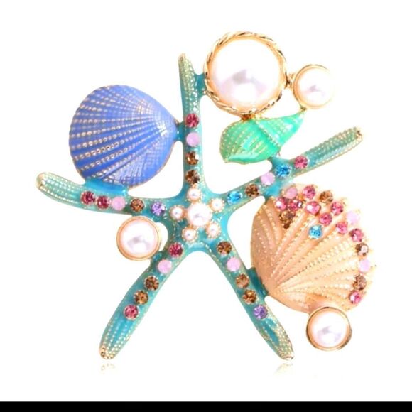 Colorful Starfish and Seashell Brooch - Picture 1 of 5